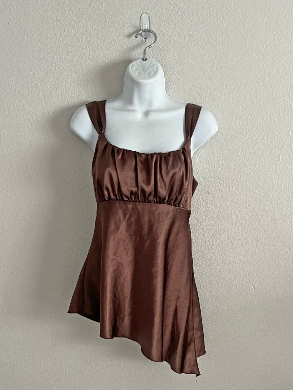 Y2K Chocolate Brown Asymmetrical Hem Satin Babydoll Tank Top Self Esteem Size L